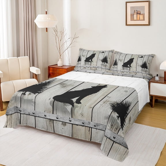Manfei Wild Wolves Queen Sheet Sets,Rustic Farmhouse Cabin Flat Sheet,Black Gray Queen Fitted Sheet For Boys Kids,Super Cozy Room Decor,4-Piece