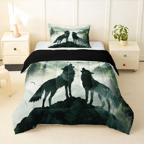 Manfei Wild Wolves Twin Comforter Sets,Natural Mountain Bedding Set,Green,Black Reversible,2pcs,1 Comforter and 1 Pillowcase