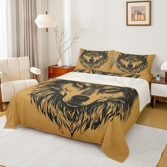 Manfei Wild Wolves Twin Sheet Sets,Jungle Wildlife Wolf Twin Fitted Sheet,Black Orange Flat Sheet For Boys,Super Cozy Room Decor,3pcs