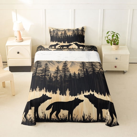 Manfei Wild Wolves Twin Sheets,Wooded Pine Grove Bedding,Brown,3 Pieces,1 Fitted Sheet and 1 Pillowcase