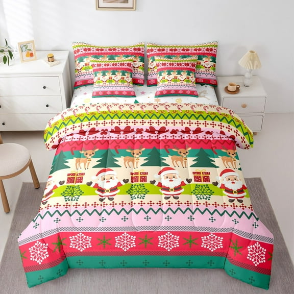 Manfei Wild Xmas Reindeer 7-Piece Twin Bedding Sets,Merry Christmas Bedding Comforter Set,Cartoon Santa Claus Sheet Sets For Kids,Super Cozy Room Decor Reversible