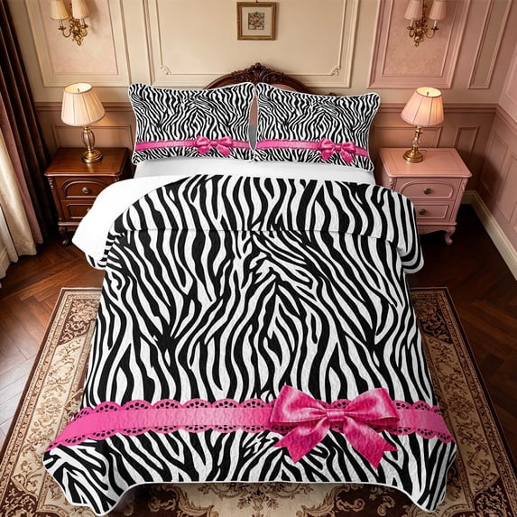 Manfei Wild Zebra Lines Print Quilt King,Pink Ribbon Bowtie King Coverlet Set,3pcs,1 Bedspread and 2 Pillowcases
