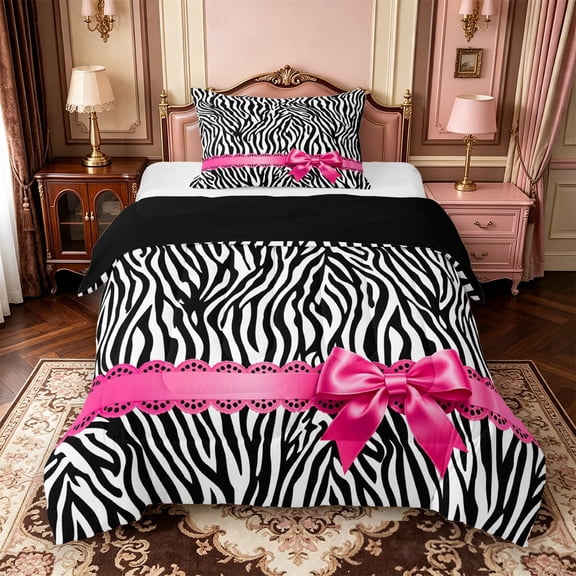 Manfei Wild Zebra Lines Print Twin Comforter Sets,Pink Ribbon Bowtie Bedding Set,Black Reversible,2pcs,1 Comforter and 1 Pillowcase