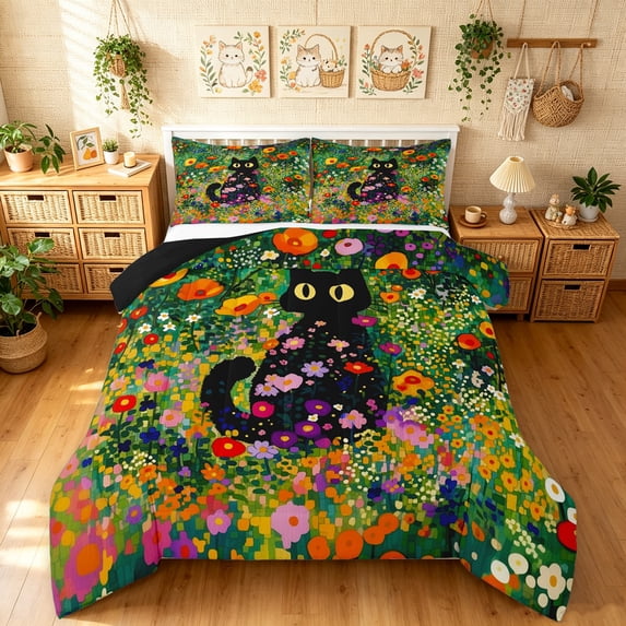 Manfei Wildflower Cat Queen Comforter Set, Boho Garden Kitten Comforter Sets Queen, Green Orange, Black Reversible, 3-Piece, 1 Comforter and 2 Pillowcases