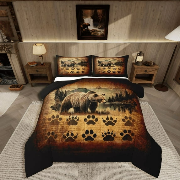 Manfei Wildlife Bear 3 Pieces Queen Comforter Set,Bear Paw Print Bedding Sets,Vintage Retro Bedding Comforter Set,Super Cozy Rustic Room Decoration,Reversible