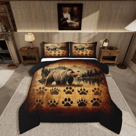 Manfei Wildlife Bear 3 Pieces Queen Comforter Set,Bear Paw Print Bedding Sets,Vintage Retro Bedding Comforter Set,Super Cozy Rustic Room Decoration,Reversible