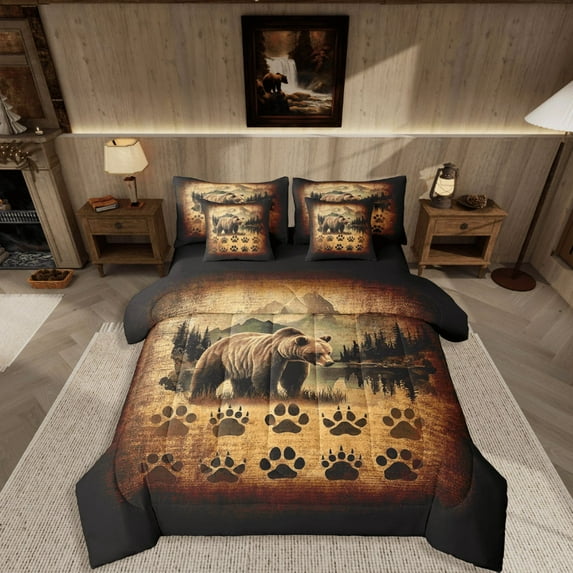 Manfei Wildlife Bear 7-Piece Bedding Comforter Set,Bear Paw Print King Bedding Sets,Vintage Retro Ultra Soft Bed Sheets,Super Cozy Rustic Room Decoration,Reversible