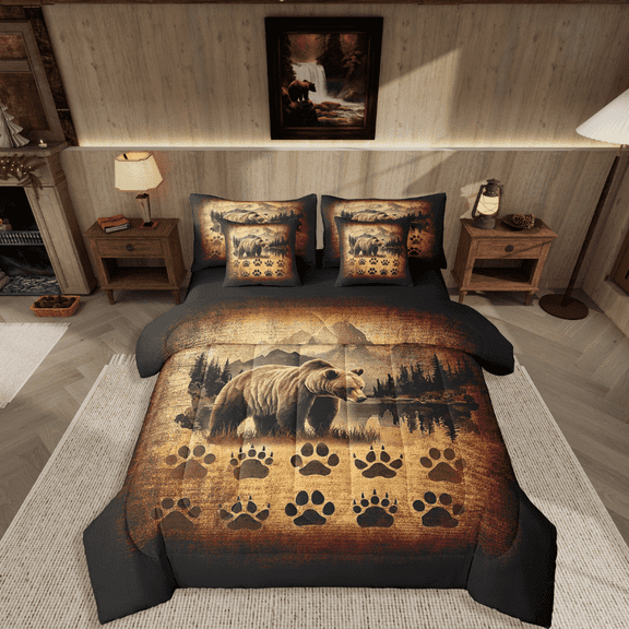 Manfei Wildlife Bear 7pcs Bedding Comforter Set,Bear Paw Print Queen Bedding Sets Super Cozy,Vintage Retro Queen Sheet Sets,Super Cozy Rustic Room Decoration,Reversible