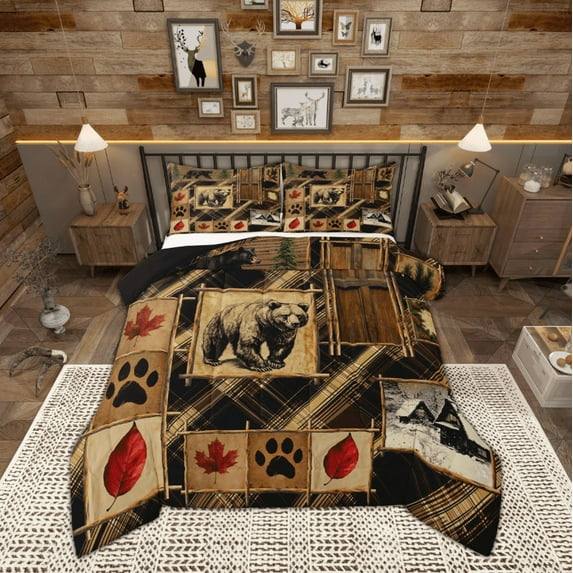 Manfei Wildlife Bear Child Bedding Comforter Set, Farmhouse Lodge Cabin Twin Comforter Sets, Vintage Rustic Patchwork Reversible Bedding Set, Lightweight Room Decor, 2-Piece
