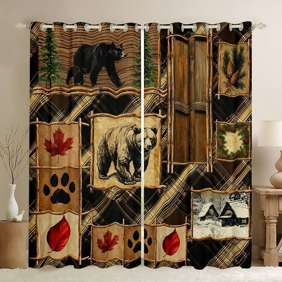 Manfei Wildlife Bear Child Black Out Curtains, Farmhouse Lodge Cabin Curtains Pack of 2 (42x63 Each), Vintage Rustic Patchwork Bedroom Curtains, Curtains and Drapes Room Decor