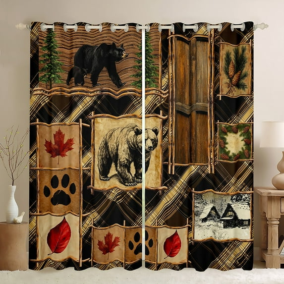 Manfei Wildlife Bear Child Black Out Curtains, Farmhouse Lodge Cabin Curtains Pack of 2 (42x63 Each), Vintage Rustic Patchwork Bedroom Curtains, Curtains and Drapes Room Decor
