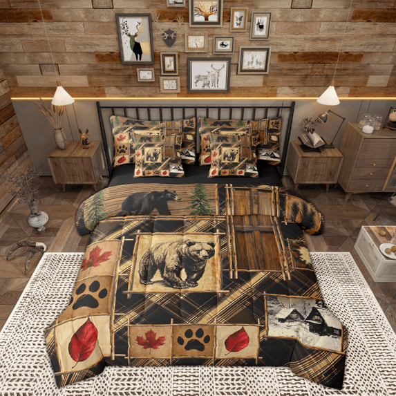 Manfei Wildlife Bear Child Twin Bedding Sets 7-Piece, Farmhouse Lodge Cabin Bedding Comforter Set, Vintage Rustic Patchwork Reversible Sheet Sets, Lightweight Room Decor