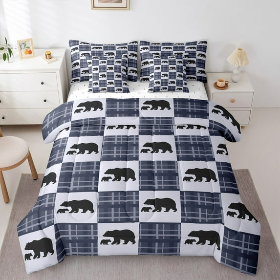 Manfei Wildlife Bear Child Twin Bedding Sets 7-Piece, Farmhouse Lodge Cabin Bedding Comforter Set, Vintage Rustic Plaid Reversible Sheet Sets, Breathable Home Decor
