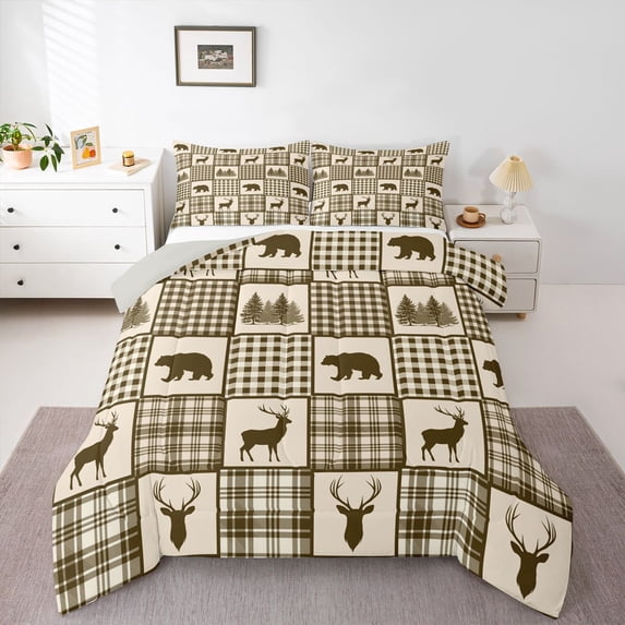 Manfei Wildlife Bear Grid Full Size Comforter Sets,Brown Check Pine Bedding Comforter Set,Light Gray Reversible,3pcs,1 Comforter and 2 Pillowcases
