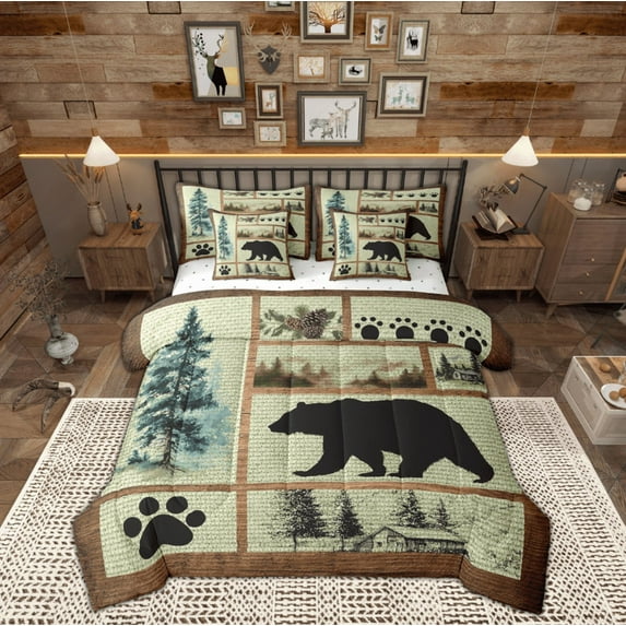 Manfei Wildlife Bear Kids Bedding Comforter Set 7pcs, Vintage Western Lake House Queen Bedding Sets, Rustic Theme Reversible Queen Sheet Sets, Microfiber Bedroom Decor