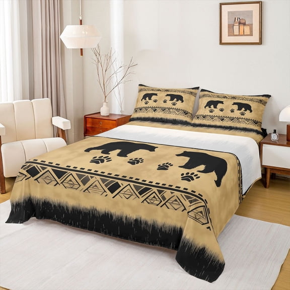 Homewish Wildlife Bear Print Bed Sheets, Western Hippie Aztec King Sheets, Countryside Animal Sheet Set, Breathable Home Decor, 4 Pieces
