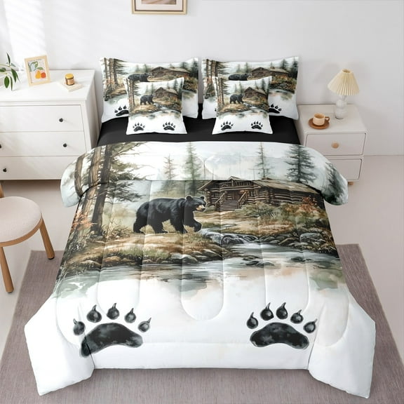 Manfei Wildlife Bear Print Twin Bedding Sets 7-Piece for Child, Jungle Animal Bedding Comforter Set, Rustic Cabin Reversible Sheet Sets, Microfiber Bedroom Decor
