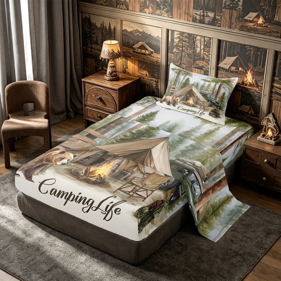 Manfei Wildlife Bear Twin Sheets 3pcs,Jungle Camping Life Bedding,Cream Green,1 Flat Sheet,1 Fitted Sheet and 1 Pillowcase