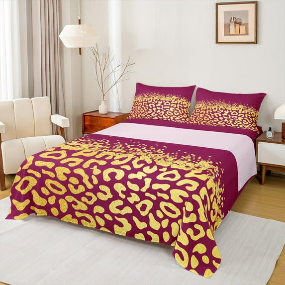 Manfei Wildlife Cheetah 3pcs Twin Sheet Sets,Abstract Gradient Twin Fitted Sheet,Sequin Print Breathable Flat Sheet,Ultra Soft Animal Room Decorative