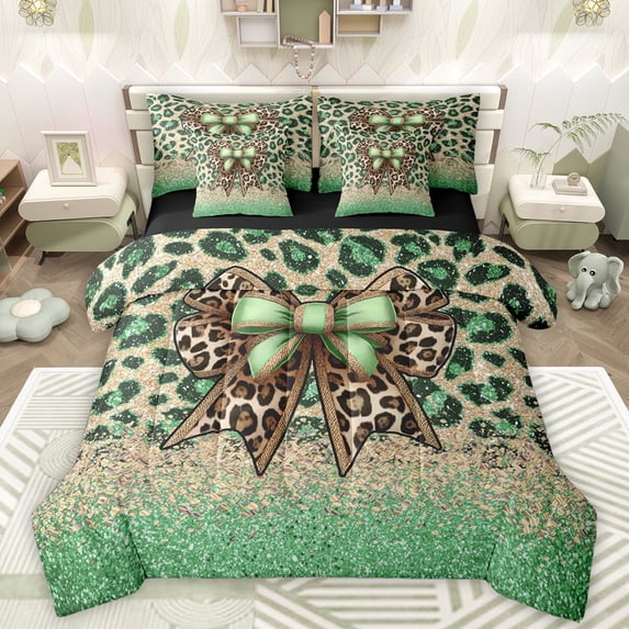 Manfei Wildlife Cheetah Hide 7-Piece Bedding Comforter Set,Cartoon Bow Knot King Bedding Sets,Green Gold Cheetah Pattern Bed Sheets For Kids,Super Cozy Room Decor Reversible