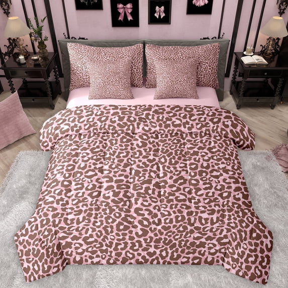 Manfei Wildlife Cheetah Hide 7-Piece Bedding Comforter Set,Safari Animal Leopard King Bedding Sets,Pink Brown Bed Sheets For Kids,Super Cozy Room Decor Reversible