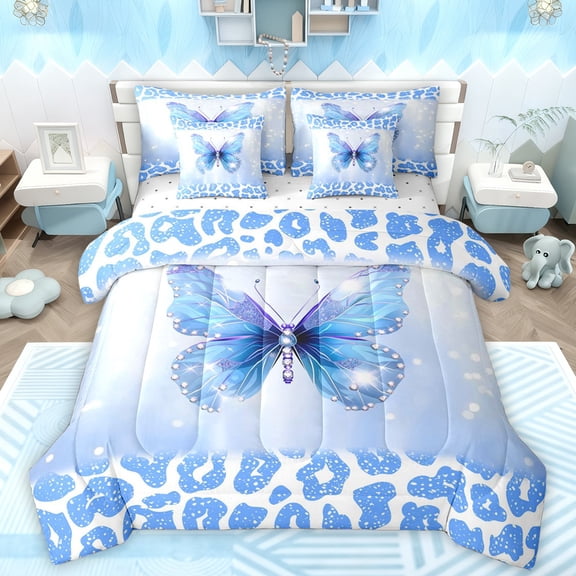 Manfei Wildlife Cheetah Hide 7pcs Bedding Comforter Set,Safari Leopard Print Queen Bedding Sets,Flying Animal Butterfly Queen Sheet Sets For Kids,Super Cozy Room Decor Reversible