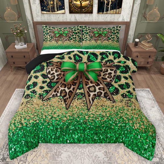 Manfei Wildlife Cheetah Hide Bedding Comforter Set,Green Gold Sparking Print Twin Comforter Sets,Cartoon Bow Knot Bedding Set For Kids,Super Cozy Room Decor Reversible,2pcs