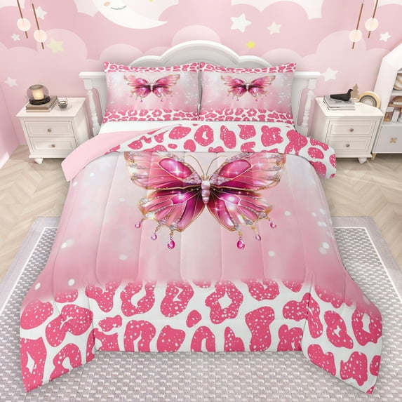 Manfei Wildlife Cheetah Twin Comforter Set,Safari Leopard,Pink Butterfly,2-Piece Cozy
