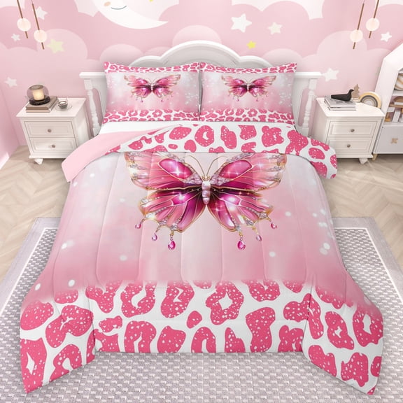 Manfei Wildlife Cheetah Twin Comforter Set,Safari Leopard,Pink Butterfly,2-Piece Cozy