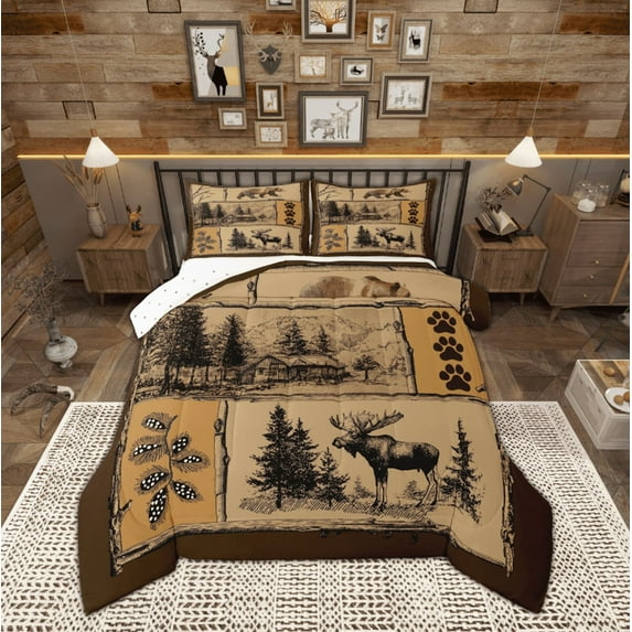Manfei Wildlife Deer Bear Child Queen Comforter Set, Farmhouse Lodge Cabin Bedding Sets, Vintage Rustic Patchwork Reversible Bedding Comforter Set, Breathable Home Decor, 3pcs