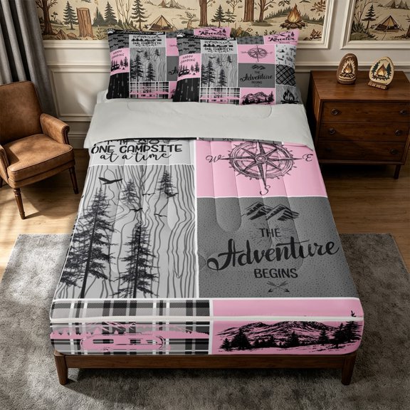 Manfei Wildlife Deer Bear Zipper Twin Comforter Sets with Fitted Sheet and 2 Pillowcases,Adventure RV Car Zipper Bedding Set,Pink Gray,Reversible