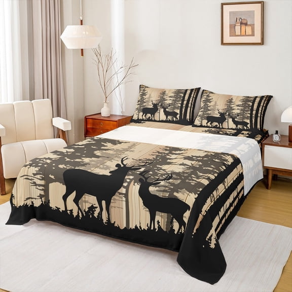 Manfei Wildlife Deer Elk Full Size Sheets for Man, Rustic Farmhouse Wooden Plank Bed Sheets, Brown Animal Sheet Sets, Luxury Bedroom Decor, 4-Piece