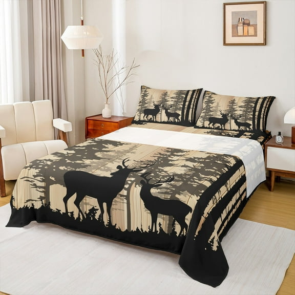 Manfei Wildlife Deer Elk Twin Sheet Sets for Man, Rustic Farmhouse Wooden Plank Twin Fitted Sheet, Brown Animal Flat Sheet, Luxury Bedroom Decor, 3-Piece