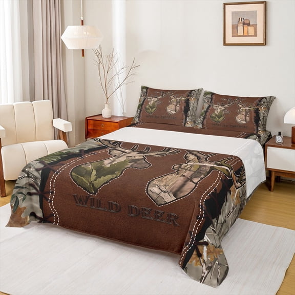 Manfei Wildlife Deer Print Bed Sheets, Jungle Animal King Sheets, Branches Plant Botanical Sheet Set, Breathable Home Decor, 4pcs