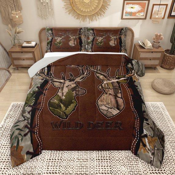 Manfei Wildlife Deer Print Queen Comforter Set, Jungle Animal Bedding Sets, Branches Plant Botanical Reversible Bedding Comforter Set, Breathable Home Decor, 3pcs
