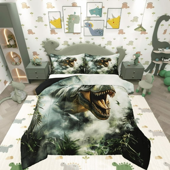 Manfei Wildlife Dinosaur 3 Pieces Queen Comforter Set,Jungle Animal Ultra Soft Bedding Sets,Botanical Plants Bedding Comforter Set,Microfiber Boys Bedroom Decor,Reversible