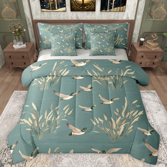Manfei Wildlife Duck Teens Bedding Comforter Set 7pcs, Turquoise Cartoon King Bedding Sets, Rustic Hunting Animal Reversible Bed Sheets, Breathable Home Decor