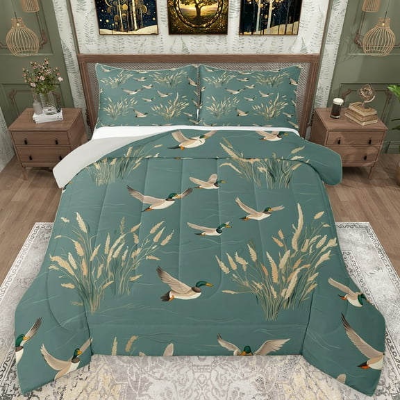 Manfei Wildlife Duck Teens Queen Comforter Set, Turquoise Cartoon Bedding Sets, Rustic Hunting Animal Reversible Bedding Comforter Set, Breathable Home Decor, 3 Pieces