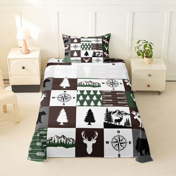 Manfei Wildlife Grid Patch Twin Sheets,Pine Wood Plaid Bedding,Green Brown,3-Piece,1 Fitted Sheet and 1 Pillowcase