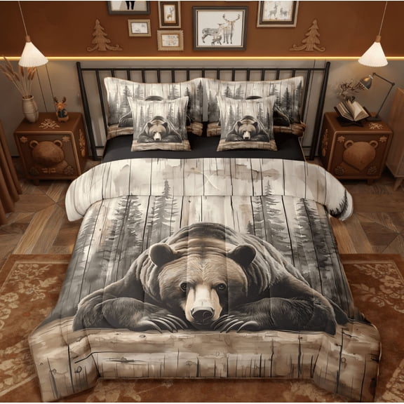 Manfei Wildlife Grizzly Bear 7-Piece Bedding Comforter Set,Hunting Wild Animal Rustic Farmhouse Cabin King Bedding Sets For Boys Reversible