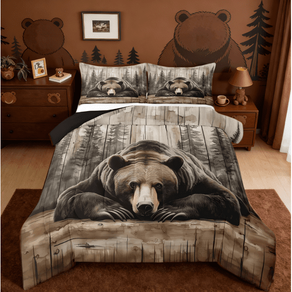 Manfei Wildlife Grizzly Bear Queen Comforter Set,Hunting Wild Animal Rustic Farmhouse Cabin Bedding Comforter Set For Boys Reversible 3 Pieces