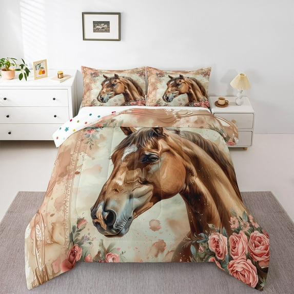 Manfei Wildlife Horse 3pcs King Size Comforter Sets,Chic Flower Bedding Comforter Set,Vintage Splash Super Cozy Bedding Set,Lightweight Teenager Bedroom Decor,Reversible