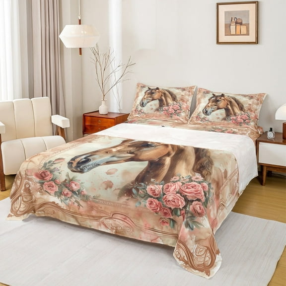 Manfei Wildlife Horse 4 Pieces Queen Sheet Sets,Chic Flower Ultra Soft Flat Sheet,Vintage Splash Queen Fitted Sheet,Lightweight Teenager Bedroom Decor