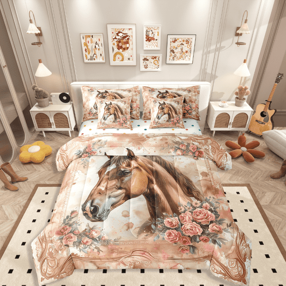 Manfei Wildlife Horse 7pcs Bedding Comforter Set,Chic Flower Queen Bedding Sets Super Cozy,Vintage Splash Queen Sheet Sets,Lightweight Teenager Bedroom Decor,Reversible
