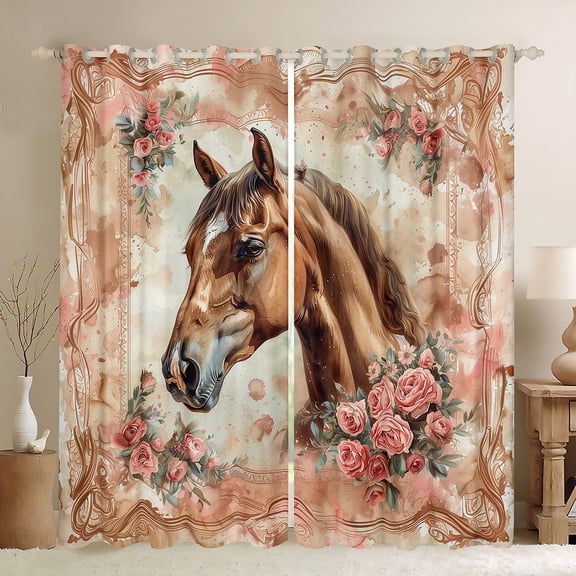 Manfei Wildlife Horse Black Out Curtains,Chic Flower Curtains Pack of 2 (42x63 Each),Vintage Splash Bedroom Curtains,Lightweight Teenager Bedroom Decor