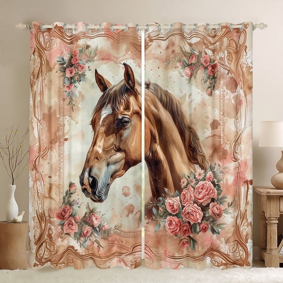 Manfei Wildlife Horse Blackout Curtains Set of 2 (52x84 Each),Chic Flower Window Curtains,Vintage Splash Curtains and Drapes,Lightweight Teenager Bedroom Decor
