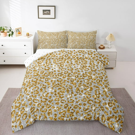 Manfei Wildlife Leopard 2pcs Bedding Comforter Set,Animal Print Twin Comforter Sets,Sequin Print Breathable Bedding Set,Microfiber Abstract Bedroom Decorative,Reversible