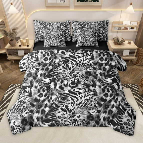 Manfei Wildlife Leopard Print 7pcs Bedding Comforter Set for Teens Boys Girls,Black White Queen Bedding Sets Super Cozy,Animal Cheetah Queen Sheet Sets,Ultra Soft Home Decor,Reversible