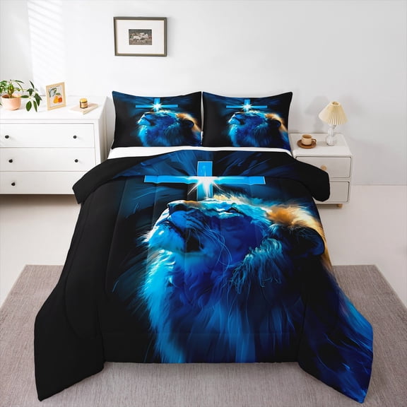 Manfei Wildlife Lion 3 Pieces Queen Comforter Set,Black Blue Ultra Soft Bedding Sets,Christian Cross Bedding Comforter Set,Super Cozy Animal Bedroom Decorative,Reversible