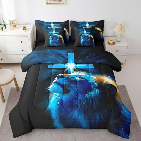 Manfei Wildlife Lion 7-Piece Bedding Comforter Set,Black Blue King Bedding Sets,Christian Cross Ultra Soft Bed Sheets,Super Cozy Animal Bedroom Decorative,Reversible